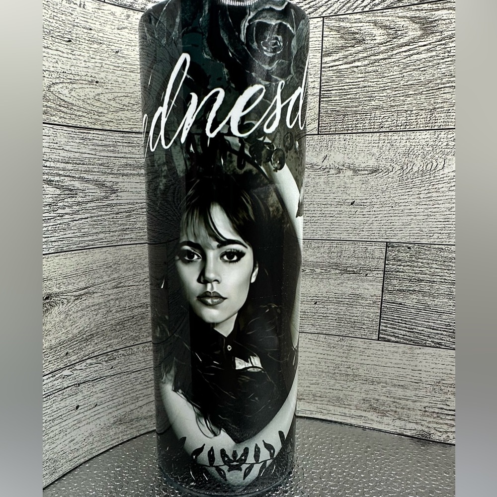 Wednesday Addams 20oz Tumbler Insulated Metal with Locking Lid and straw and box